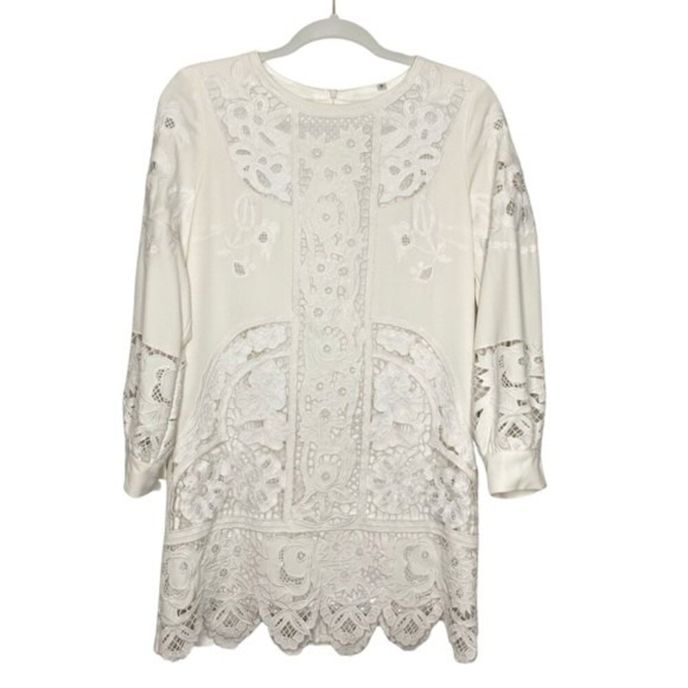 Silk Lace Cutout White/Off White Long Sleeve Dress Size M